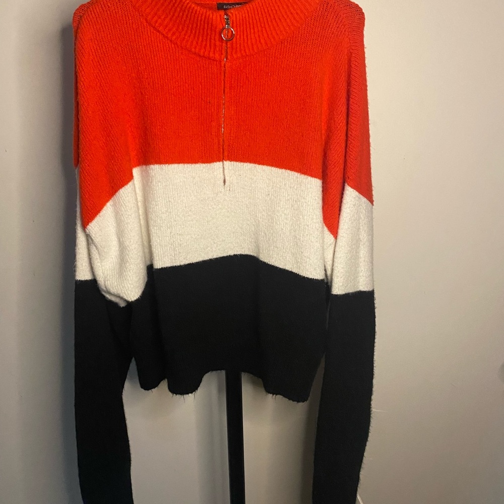Red, white, and black cropped quarter- zip sweater from fashion nova